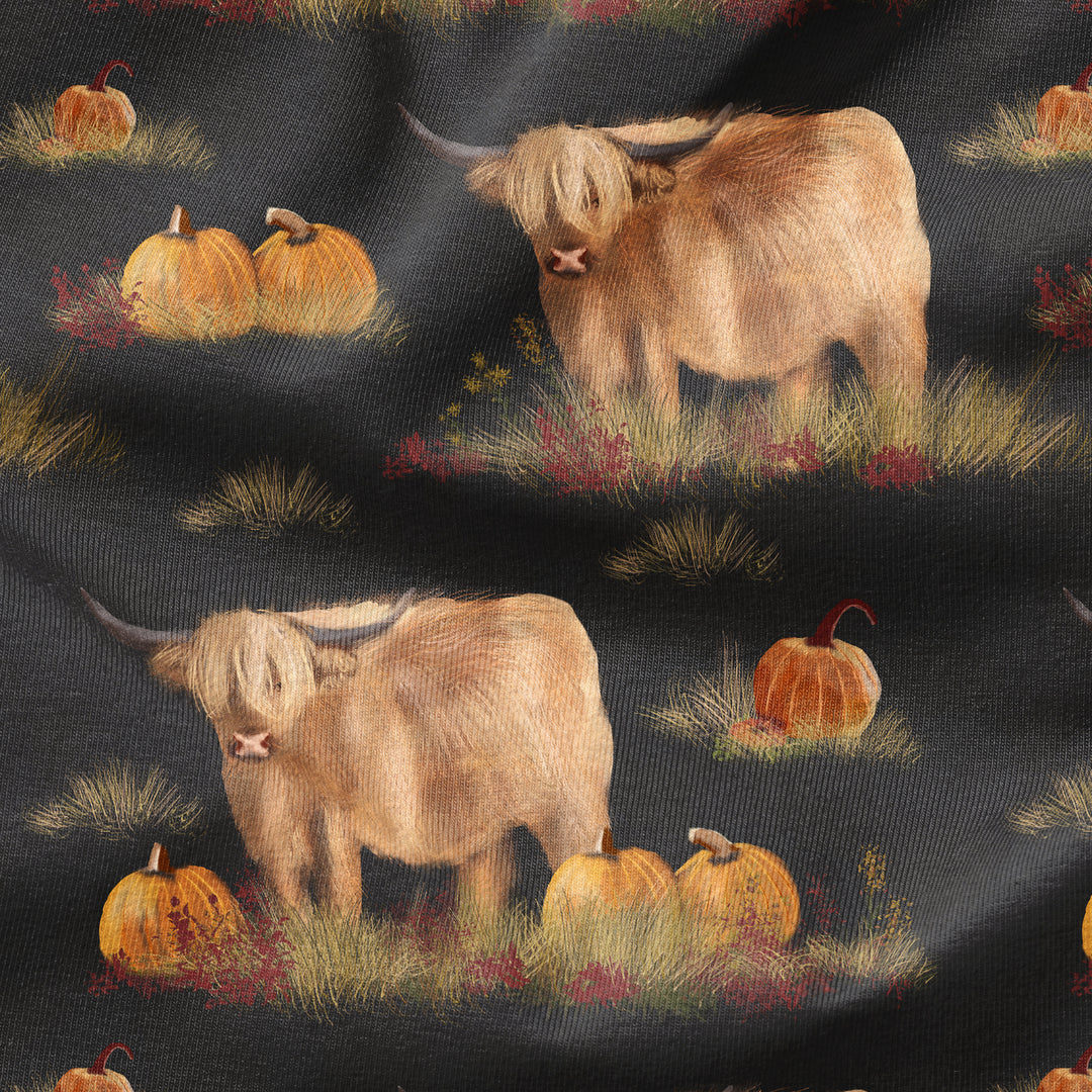 HIGHLAND COW IN A PUMPKIN PATCH